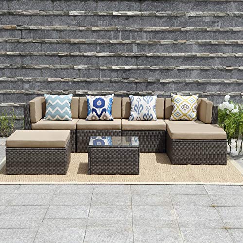 Wisteria Lane Outdoor Patio Furniture Set,7 Piece Rattan Sectional Sofa Couch All Weather Wicker Conversation Set with Ottoma Glass Table Grey Wicker, Beige Cushions