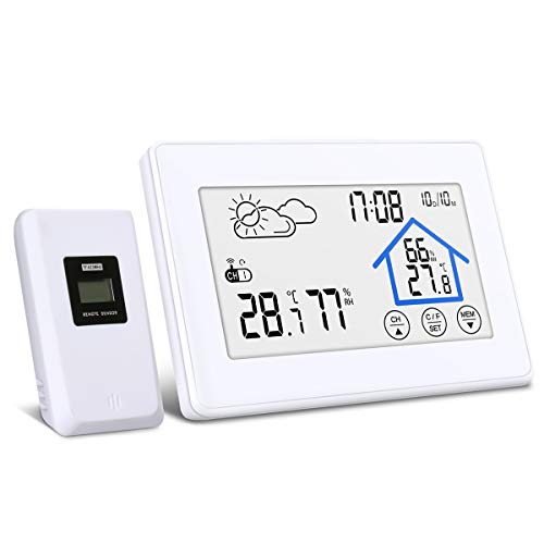 DIGOO Weather Stations Wireless Indoor Outdoor Thermometer Digital Hygrometer with Wireless Sensor, Temperature and Humidity Monitor, Weather Forecast Icon, Time & Date, Backlight