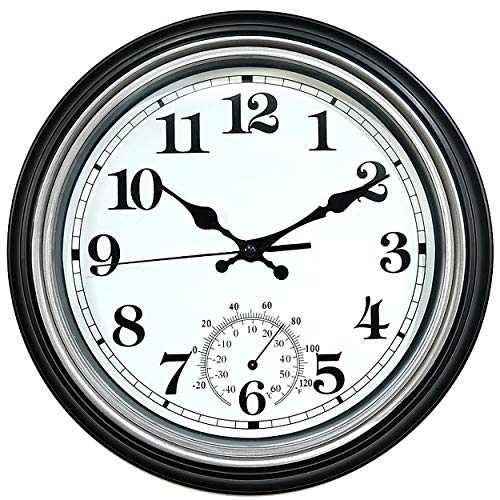 12-Inch Indoor/Outdoor Retro Silent Non-Ticking Waterproof Wall Clock with Thermometer,Battery Operated Quality Quartz Round Clock Wall Decorative for Patio/Home