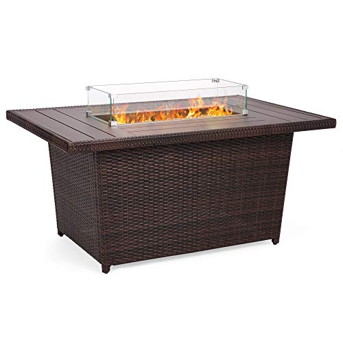 Best Choice Products 52in Outdoor Wicker Propane Fire Pit Table 50,000 BTU w/Glass Wind Guard, Tank Holder, Cover-Brown