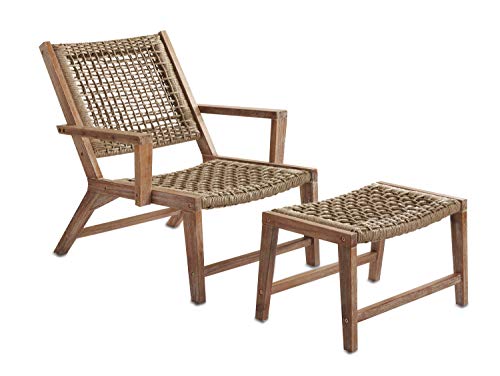 Sunset Garden SG65 | Sedona Outdoor Chair with Ottoman | Real Wood & Rope Weave Design, Ivory Brushed