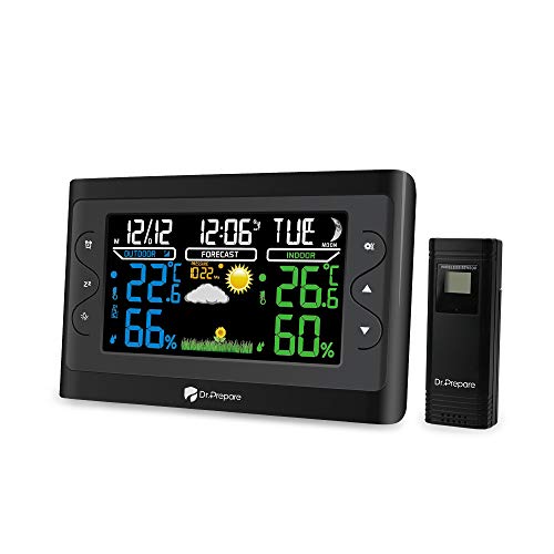 Dr. Prepare Digital Weather Station Wireless Indoor Outdoor Thermometer with 7.6″ Colored LCD, Adjustable Brightness, Accurate Indoor Temperature and Humidity, Alarm, and Battery Backup (Black)
