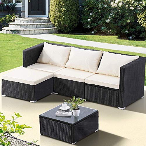 mecor Wicker Patio Furniture Set, 5 PC Outdoor Rattan Furniture Set Cushioned Sectional Sofa &Glass Coffee Table, Garden,Backyard,Lawn Furniture Black