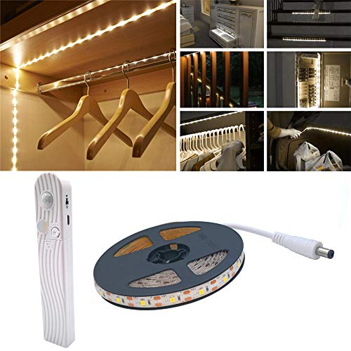 Motion Sensor Wardrobe Light, 2M 120 LED 3000K Warm White LED Strip,USB Or Battery Operated Warm White with,Timer,Day/Night Sensor Switch for Closet,Cupboard,Under Cabinet,Stairs,Bed Night Lighting