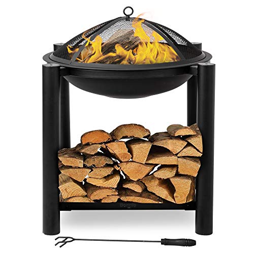 Bonnlo Outdoor Fire Pit with Firewood Rack Steel Wood Burning Pit Fire Bowl with Mesh Screen & Poker for Outside/Back Yard/Camping/Porch/Deck/Patio, 24-Inch,Black
