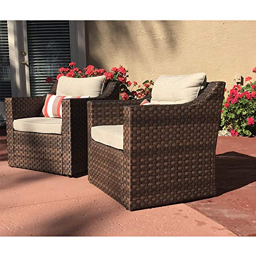 SUNSITT Patio Outdoor Furniture 2-Piece Brown Wicker Single Club Chairs w/Beige Olefin Cushions & Striped Throw Pillow