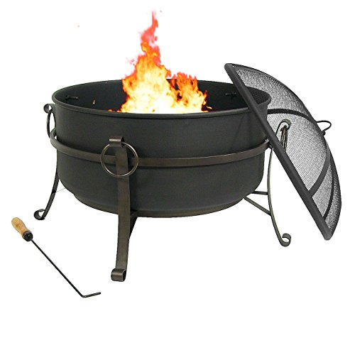 Sunnydaze Cauldron Outdoor Fire Pit – 24 Inch Deep Bonfire Wood Burning Patio & Backyard Firepit for Outside with Round Spark Screen, Fireplace Poker, and Metal Grate
