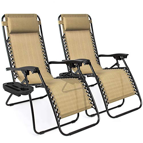 Best Choice Products Set of 2 Adjustable Zero Gravity Lounge Chair Recliners for Patio, Pool w/ Cup Holder Trays, Pillows – Beige