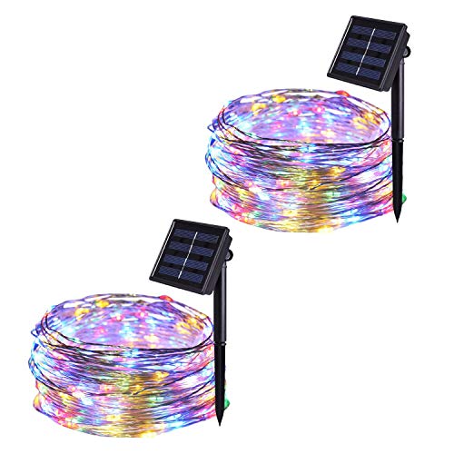 JMEXSUSS 2 Pack 8 Modes 100 LED 32.8ft Solar Powered Waterproof Fairy String Copper Wire Lights for Christmas, Bedroom, Patio, Wedding, Party, (Multi-Color)