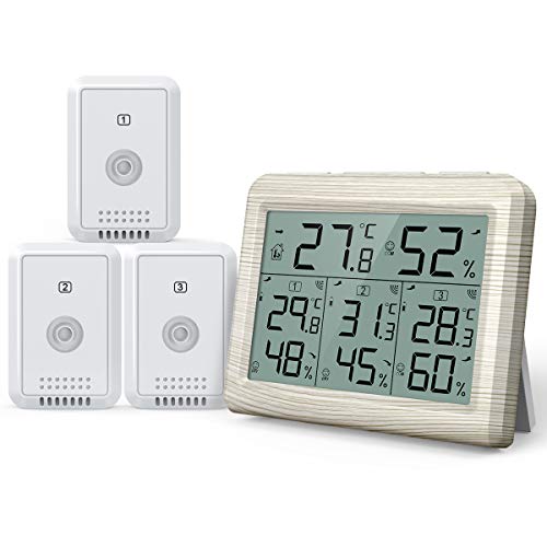 AMIR Indoor Outdoor Thermometer, 3 Channels Digital Hygrometer Thermometer with 3 Sensor, Humidity Monitor Wireless with LCD Display, Room Thermometer and Humidity Gauge for Home, Office(Wooden White)