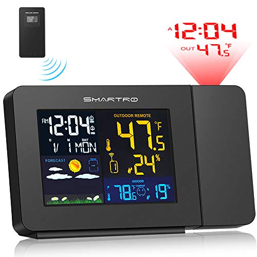 SMARTRO Projection Alarm Clock for Bedrooms with Weather Station, Wireless Indoor Outdoor Thermometer, Temperature Humidity Monitor Gauge Hygrometer