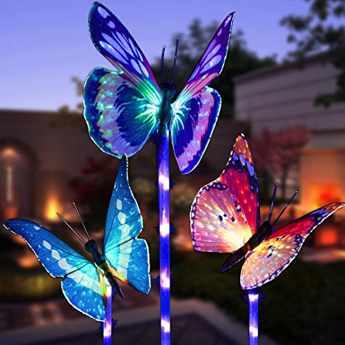 Garden Solar Lights Outdoor, 3 Pack Solar Stake Lights Multi-Color Changing LED Butterfly, Fiber Optic Butterfly Decorative Lights with a Purple LED Light Stake (Outdoor Solar Garden Stake Lights)