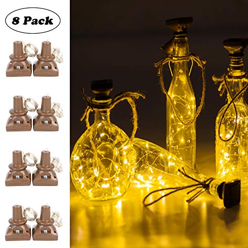Upgraded 8 Pack Solar Powered Wine Bottle Lights, 20 LED Waterproof Colorful Copper Cork Shaped Lights for Wedding Christmas, Outdoor, Holiday, Garden, Patio Pathway Decor (Warm White)