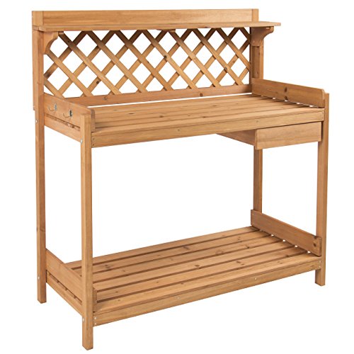 Best Choice Products Outdoor Wooden Garden Potting Bench Work Station Table w/ Cabinet Drawer, Open Shelf, Natural Wood Finish