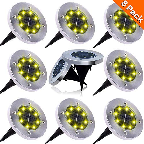 NAIYO Solar Ground Lights, Upgraded Outdoor Garden Waterproof Bright in-Ground Lights for Lawn Pathway Yard Driveway, with 8 LED Warm White Lights(8Pcs) (White Color-8Pcs)