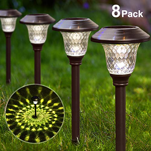 Solar Lights Bright Pathway Outdoor Garden Stake Glass Stainless Steel Waterproof Auto On/off White Wireless Sun Powered Landscape Lighting for Yard Patio Walkway Landscape In-Ground Spike Pathway