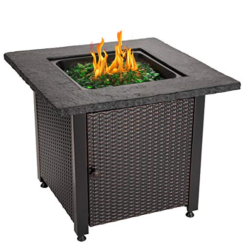 Blue Rhino Outdoor Propane Gas Fire Pit with Rock Top and Green Fire Glass – Add Warmth and Beauty to Your Backyard
