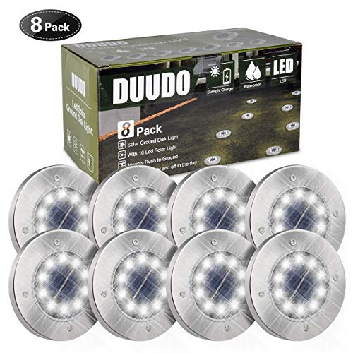 DUUDO Solar Ground Light, Newest 10 LED Garden Pathway Outdoor Waterproof in-Ground Lights, Disk Lights (Cold White, 8 Pack)