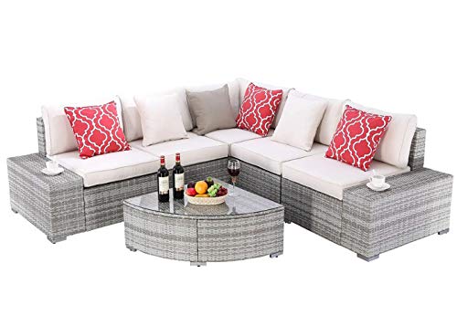 Do4U 6 Pieces Outdoor Patio Furniture Sectional Conversation Set, All-Weather Wicker Rattan Sofa Beige Seat & Back Cushions (3506-PGRY-BEG)