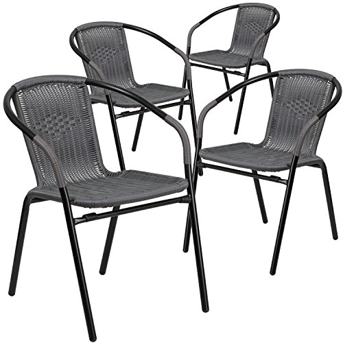 Flash Furniture 4 Pk. Gray Rattan Indoor-Outdoor Restaurant Stack Chair