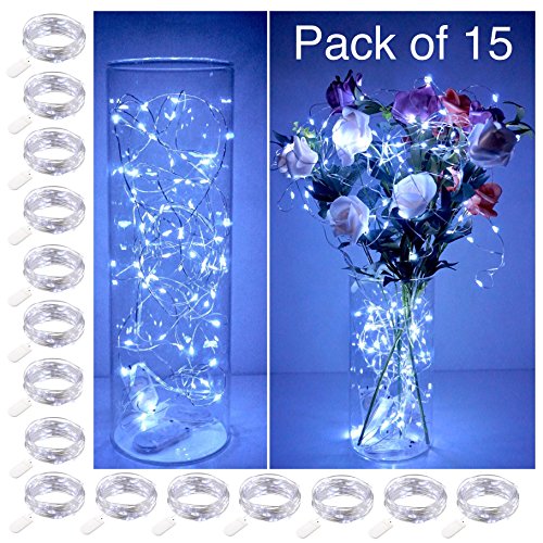 Smilingtown Starry String Lights 15 Pack Fairy Lights, LED Firefly Silver Color Wire Lights 20 LED 7.2FT Battery Powered Lights for DIY Wedding Party Jar Centerpiece Christmas Decorations – Cool White