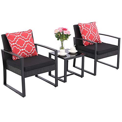 HTTH 3 Pieces Patio Chair Sets Outdoor Wicker Patio Furniture Sets Modern Bistro Set Rattan Chair Conversation Sets -Two Chairs with Glass Coffee Table