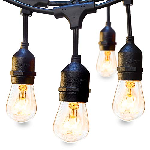 Outdoor String Lights Commercial Great Weatherproof Strand Dimmable Edison Vintage Bulbs Hanging Sockets, 42FT UL Listed Heavy-Duty Decorative Café Market Patio Lights for Bistro Garden Porch