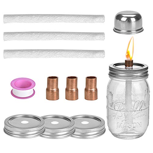 Browill [3 Packs] Mason Jar Tabletop Torches Set, Oil Lamp Lights 3 Longlife Fiberglass Wicks, 3 Mason Jar Lids(2.75-inch), 3 Coupling Reducer Teflon Cap, for Tiki Torch Kits Outdoor Backyard Decor