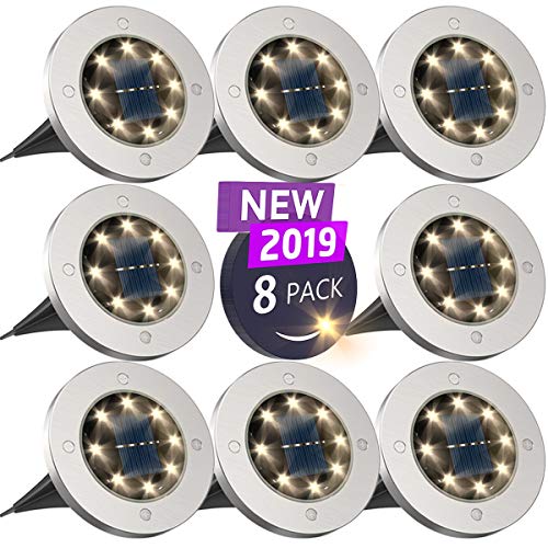 Solar Ground Lights，Disk Lights Solar Powered – 8 LED ，Outdoor in-ground Solar Lights for Landscape，Walkway，Lawn ，Steps Decks，Pathway Yard Stairs Fences, LED lamp, Waterproof(8 Warm White)