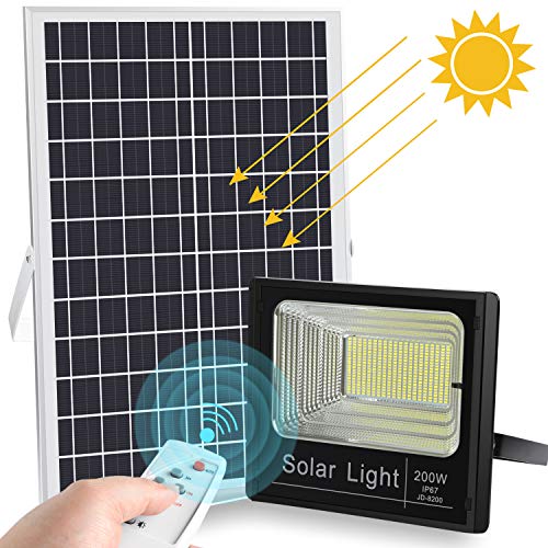 2019 Upgraded 200W LED Solar Flood Light 400LED Dusk to Dawn Solar Powered Street Light Outdoor Waterproof IP67 with Remote Control Security Lighting for Yard|Garden|Swimming Pool|Pathway|Basketball