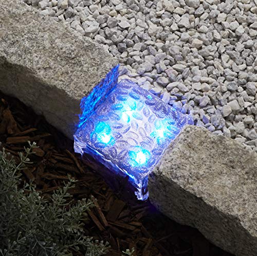 Solar Brick Landscape Light, Blue LEDs, 4×4 Square Cube, Glass, Waterproof, Outdoor Use, Solar Panel & Rechargeable Battery Included