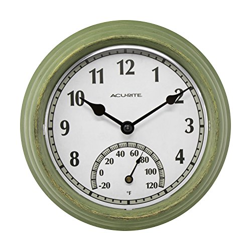 AcuRite 02470 Rustic Green Outdoor Clock with Thermometer, 8.5″