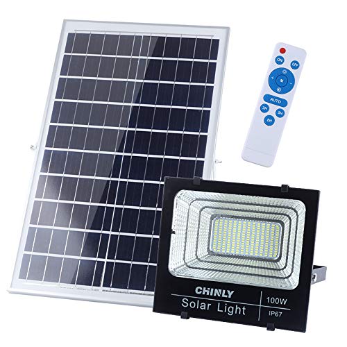 CHINLY 100W Solar Powered Flood Lights, 6500K 196 LED 5000 Lumen Outdoor Street Light Auto-Induction IP67 Waterproof with Upgraded Remote Control Security Lighting for Yard, Garden, Lawn, Pathway
