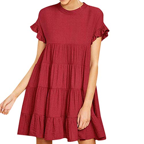 Mikilon Women’s O Neck Ruffle Short Sleeve Plain Tiered Flare Swing Casual Mini Dress