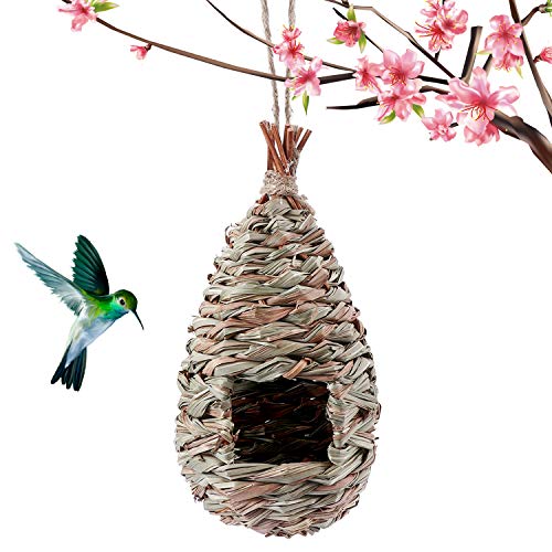 Kimdio Birdhouse for Outside Hanging, Grass Hand Woven Bird Nest, Natural Hummingbird Hut for Outdoor (Drop)