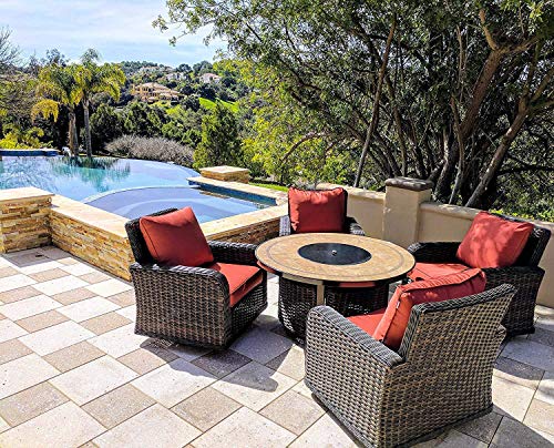 Kinger 5 Piece Round Propane Gas Fire Pit Table Patio Conversation Set, Red Outdoor Cushions Rattan Wicker Outdoor Furniture Patio Rocking Chairs, 50 Inch Stone Tile Top Deck LP Fire Pit Table