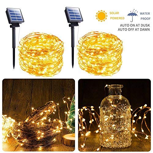 Outdoor Solar String Lights, 2 Pack 33FT 100 LED Solar Fairy Lights Waterproof Decoration Copper Wire Lights with 8 Modes for Patio Yard Trees Christmas Wedding Party Decor (Warm White)