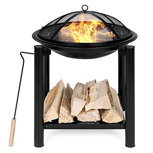 Best Choice Products 21.5in Outdoor Fire Pit Bowl Table and Storage for Patio, Backyard, Balcony w/Shelf, Fire Spark Guard, Log Grate, Poker, Water-Resistant Cover – Black