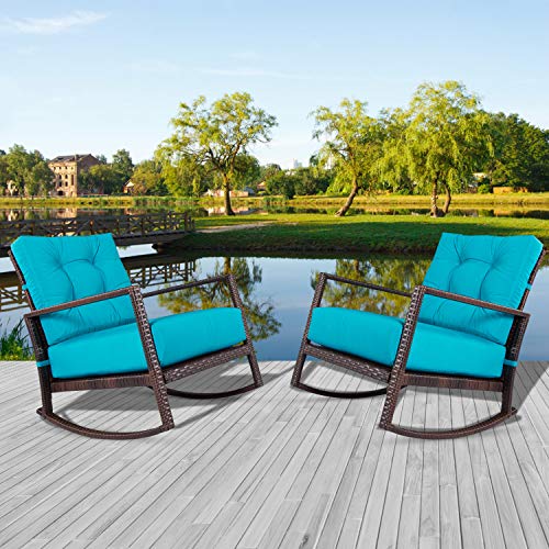Incbruce Outdoor Patio Rocking Chair 2 Piece Wicker Rocking Bistro Set w/Washable and Thick Cushion, Garden Conversation Sets with Teal Seat Cushion