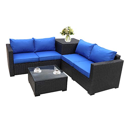 Outdoor PE Wicker Furniture Set 4 Piece Patio Black Rattan Sectional Loveseat Couch Set Conversation Sofa with Storage Table Royal Blue Cushion