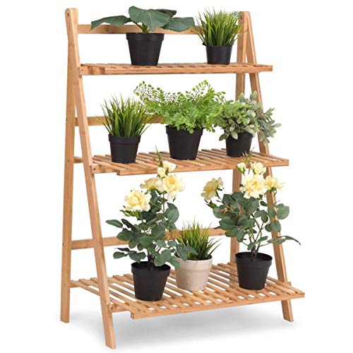 Giantex Plant Flower Stand Rack Shelf 3-Tier Bamboo Foldable Pot Racks Planter Organizer Display Shelves, 27.6″ x15.7″ x 38.2″ (Natural)