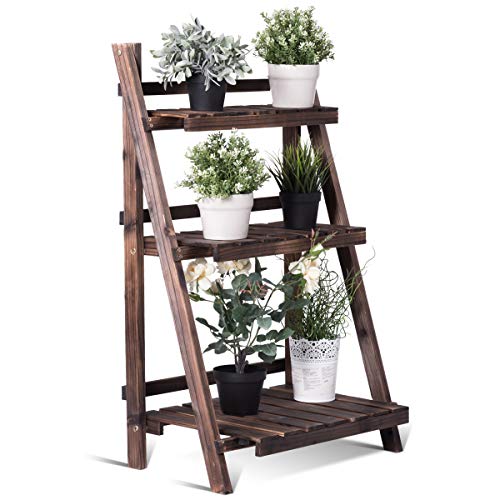 Giantex 3 Tier Folding Wooden Plant Stand with Pot Shelf Stand Display Rack for Indoor Outdoor Garden Greenhouse, 24″ x 15″ x 37″