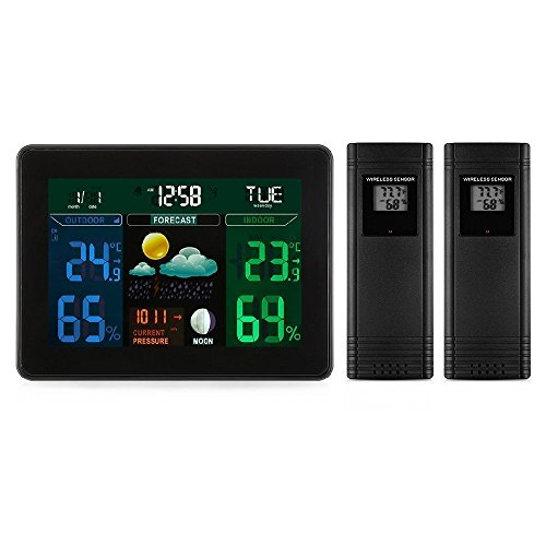 Digital Wireless Weather Station,Indoor/Outdoor Hygrometer Thermometer with 2 Wireless Sensor,Color LCD Display Alarm Clock Calendar Function for Temperature, Humidity, Time, Calendar &Weather Tende