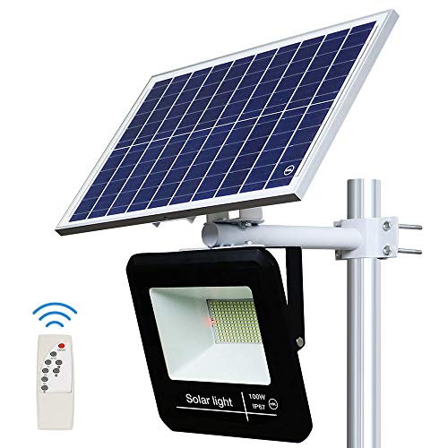 YQL 100W Outdoor LED Solar Street Security Flood Light IP67 Waterproof White 6500K 196 LEDs Auto On/Off Dusk to Dawn with Remote and Multi-Functional Bracket for Exterior Roads Yard Garden Pathway