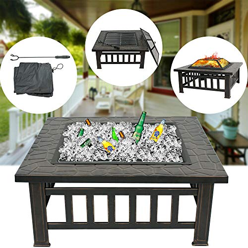 ZENY Outdoor 32” Metal Fire Pit BBQ Square Table Backyard Patio Garden Stove Wood Burning Fireplace with Spark Screen,Poker,Cover,Grill