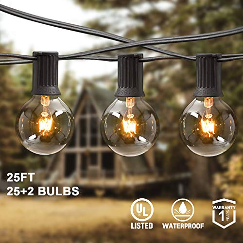 AVANLO 25Ft G40 String Lights with 25 Globe Clear Bulbs & 2 Spare Bulbs Waterproof IP44 Patio Hanging Lights for Indoor & Outdoor Decor UL Listed Maximum 100 Bulbs Extend