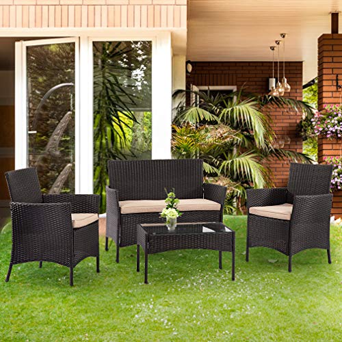 Patio Furniture Set 4 Piece Outdoor Wicker Sofas Rattan Chair Wicker Conversation Set Coffee Table Bistro Sets For Pool Backyard Lawn,Black