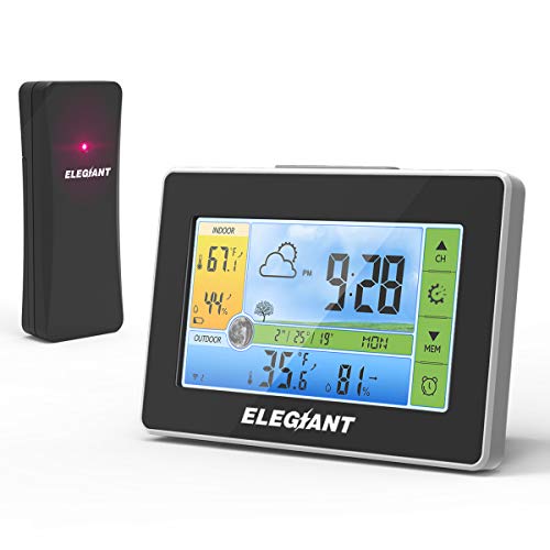 ELEGIANT Wireless Weather Station, Indoor Outdoor Thermometer Hygrometer with Sensor, Large LCD Color Screen, Digital Temperature Humidity Monitor, Weather Forecast, Alarm Clock, Adjustable Brightness