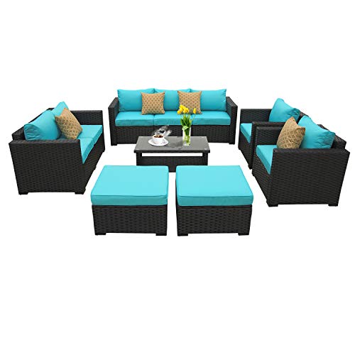 Rattaner Outdoor PE Wicker Furniture Set -7 Pcs Patio Garden Conversation Cushioned Seat Couch Sofa Chair Set-Turquoise Cushion