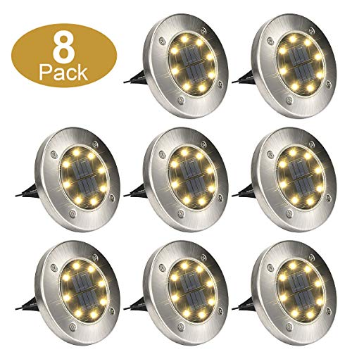 GIGALUMI 8 Pack Solar Ground Lights, 8 LED Solar Powered Disk Lights Outdoor Waterproof Garden Landscape Lighting for Yard Deck Lawn Patio Pathway Walkway (Yellow)
